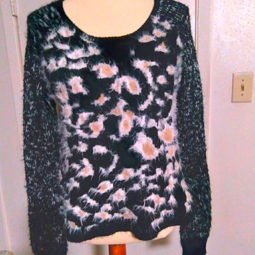 Miss Me Animal Print Black and Tan Sweater Top Size Medium